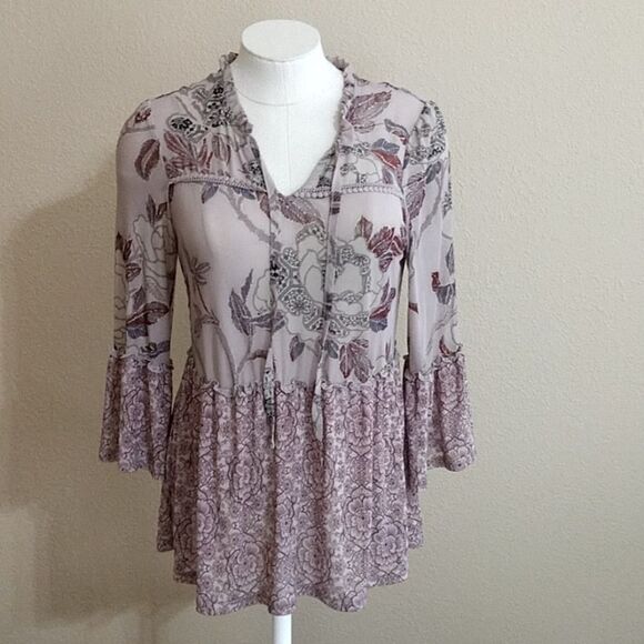 Knox Rose Sheer Floral Ruffle Bell Sleeve Boho Tie Blouse Blush Pink Size XXL - Picture 1 of 8